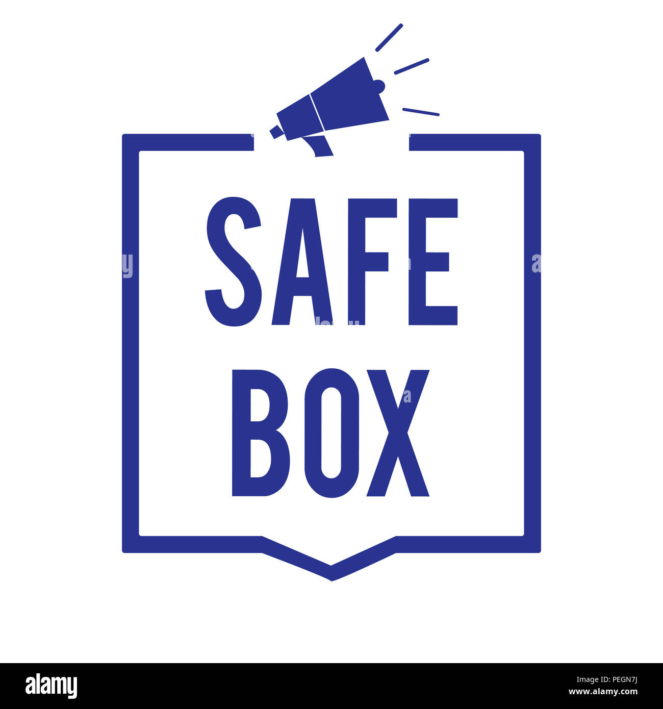 Handwriting text Safe Box. Concept meaning A small structure where you can keep important or valuable things Megaphone loudspeaker blue frame communic Stock Photo
