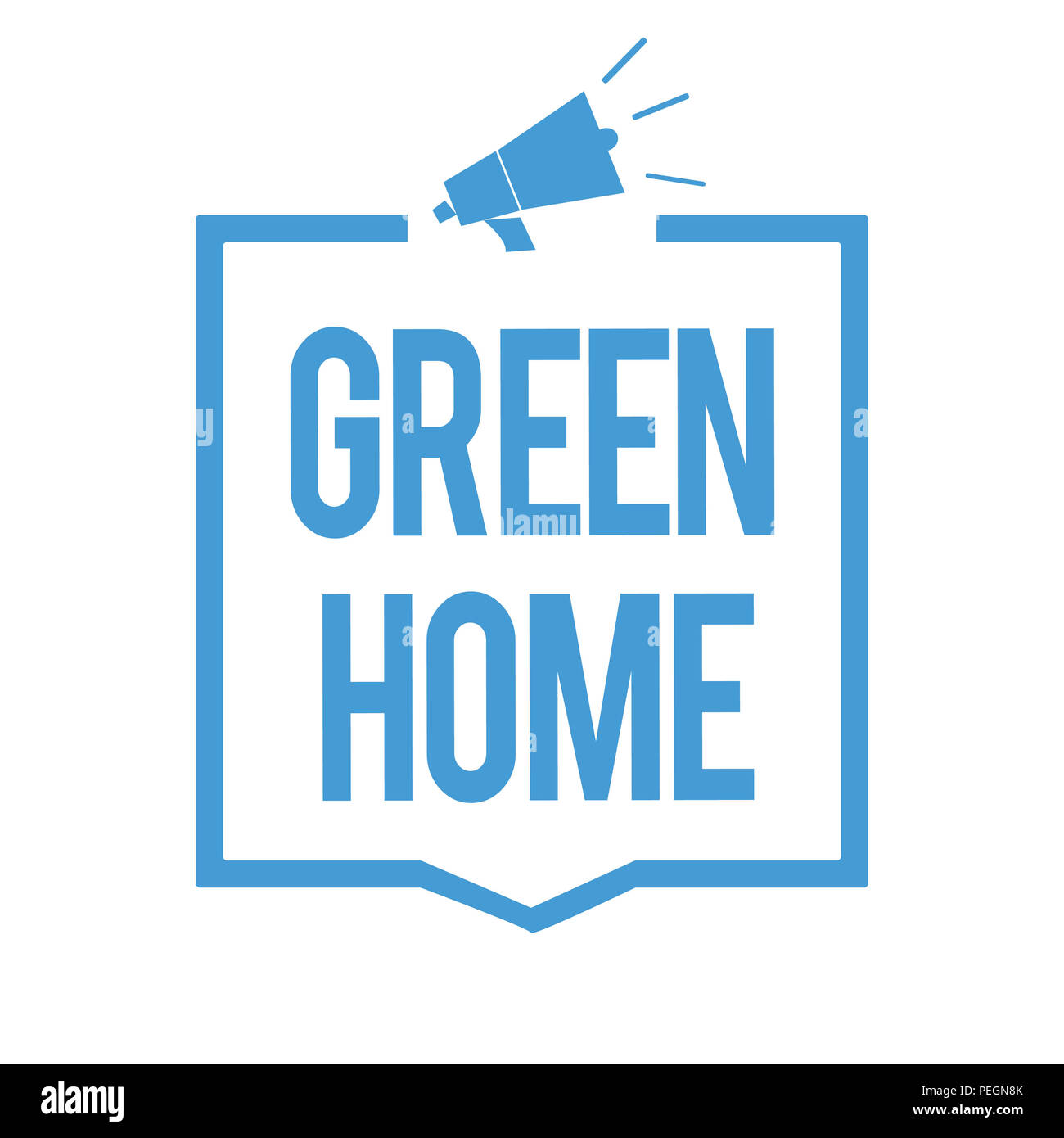 Word writing text Green Home. Business concept for An area filled with plants and trees where you can relax Megaphone loudspeaker blue frame communica Stock Photo