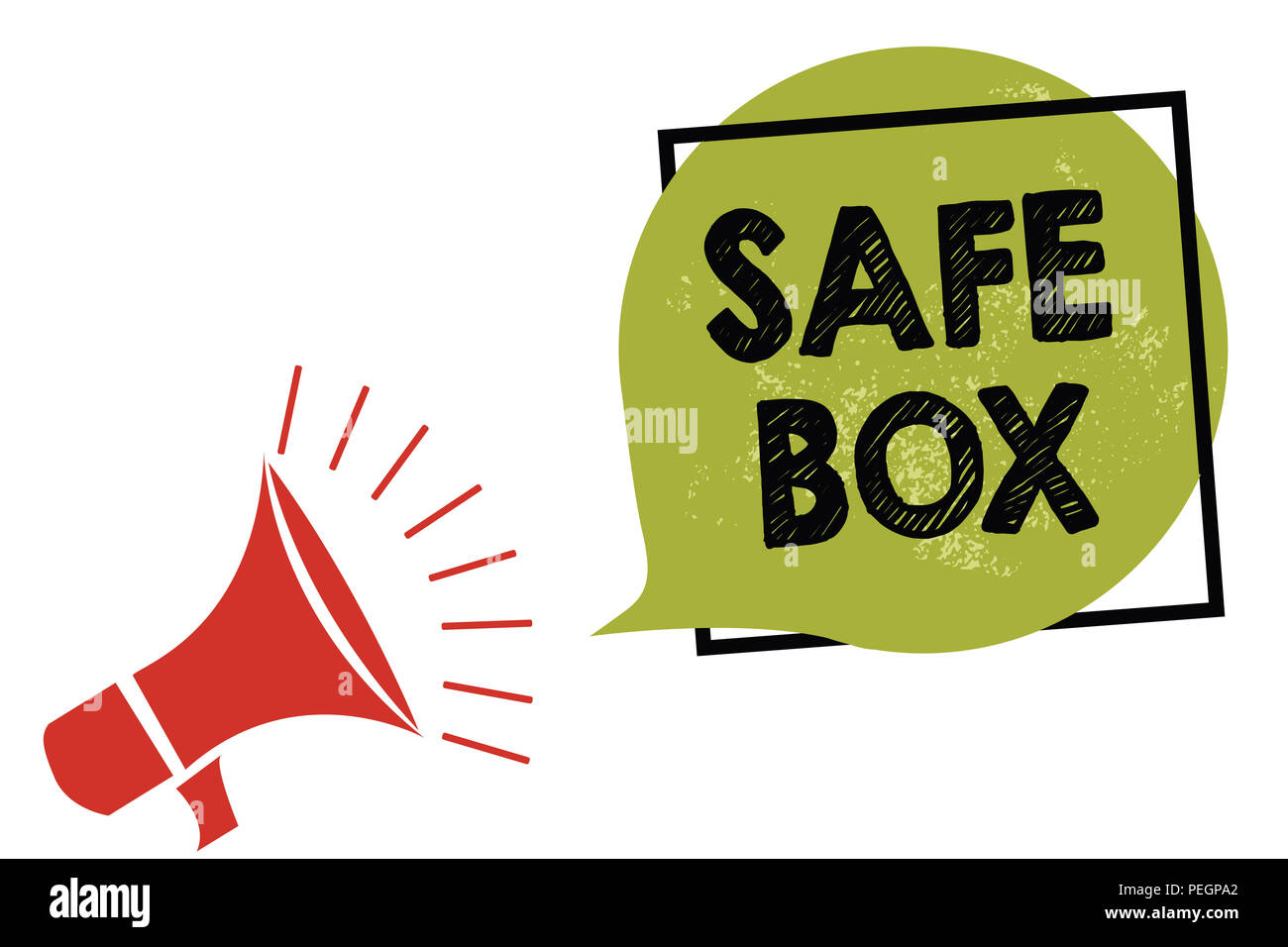 Text sign showing Safe Box. Conceptual photo A small structure where you can keep important or valuable things Megaphone loudspeaker speaking loud scr Stock Photo