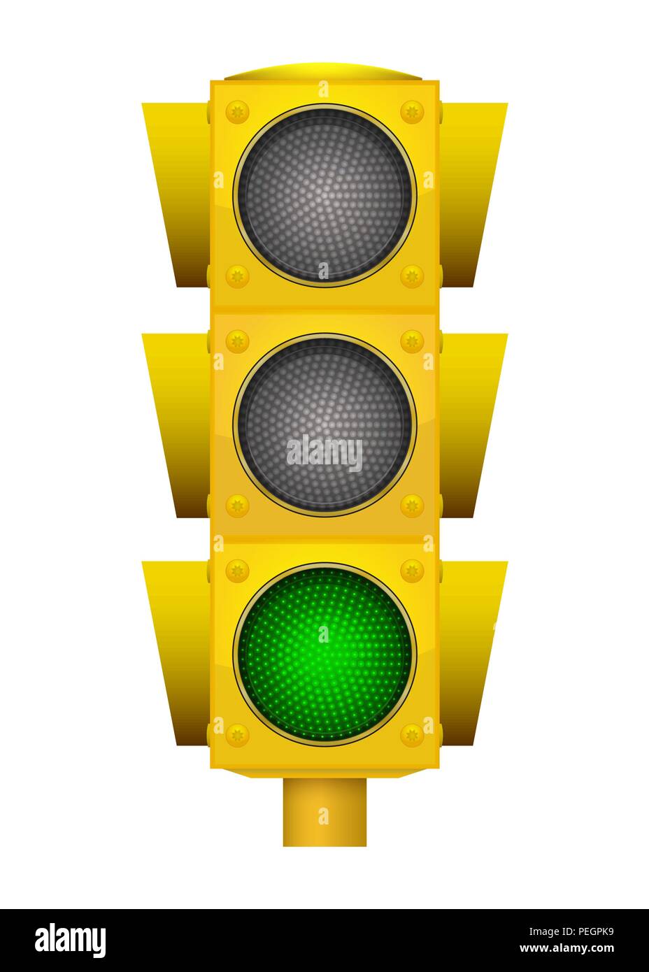Realistic illustration of modern yellow led traffic light with switching on green light. Stock Vector