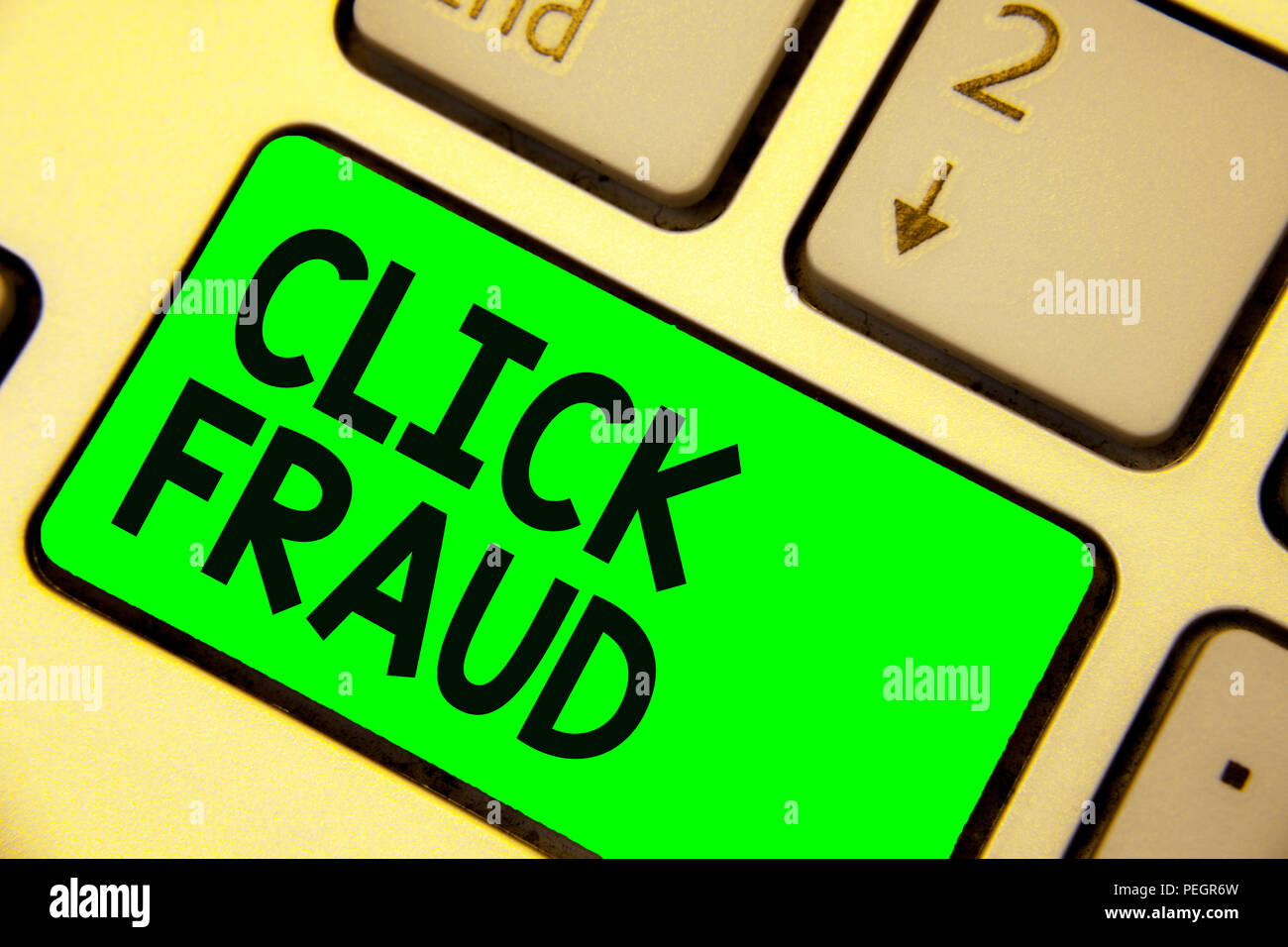 Conceptual hand writing showing Click Fraud. Business photo showcasing practice of repeatedly clicking on advertisement hosted website Keyboard green  Stock Photo