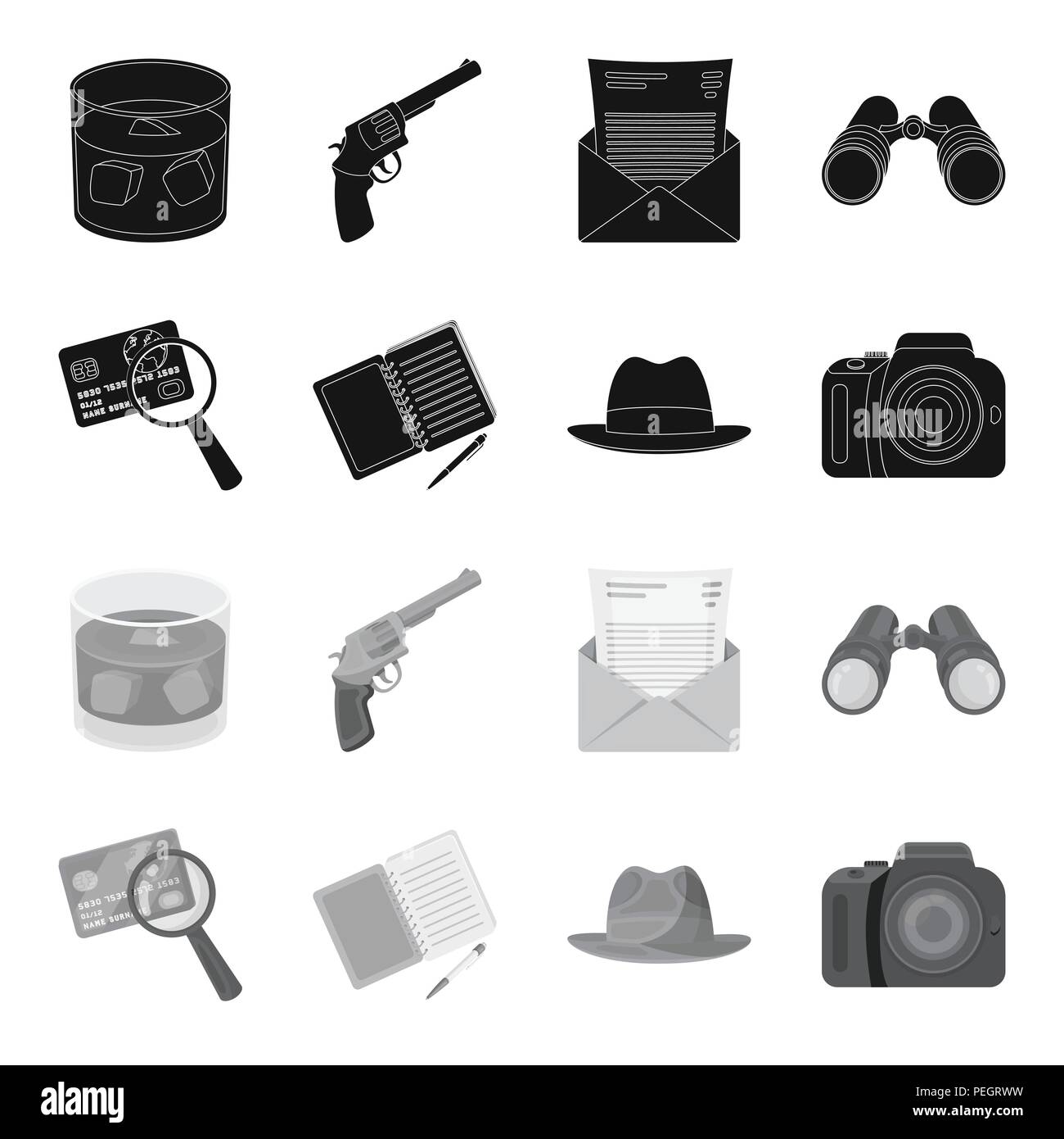 Camera, magnifier, hat, notebook with pen.Detective set collection ...