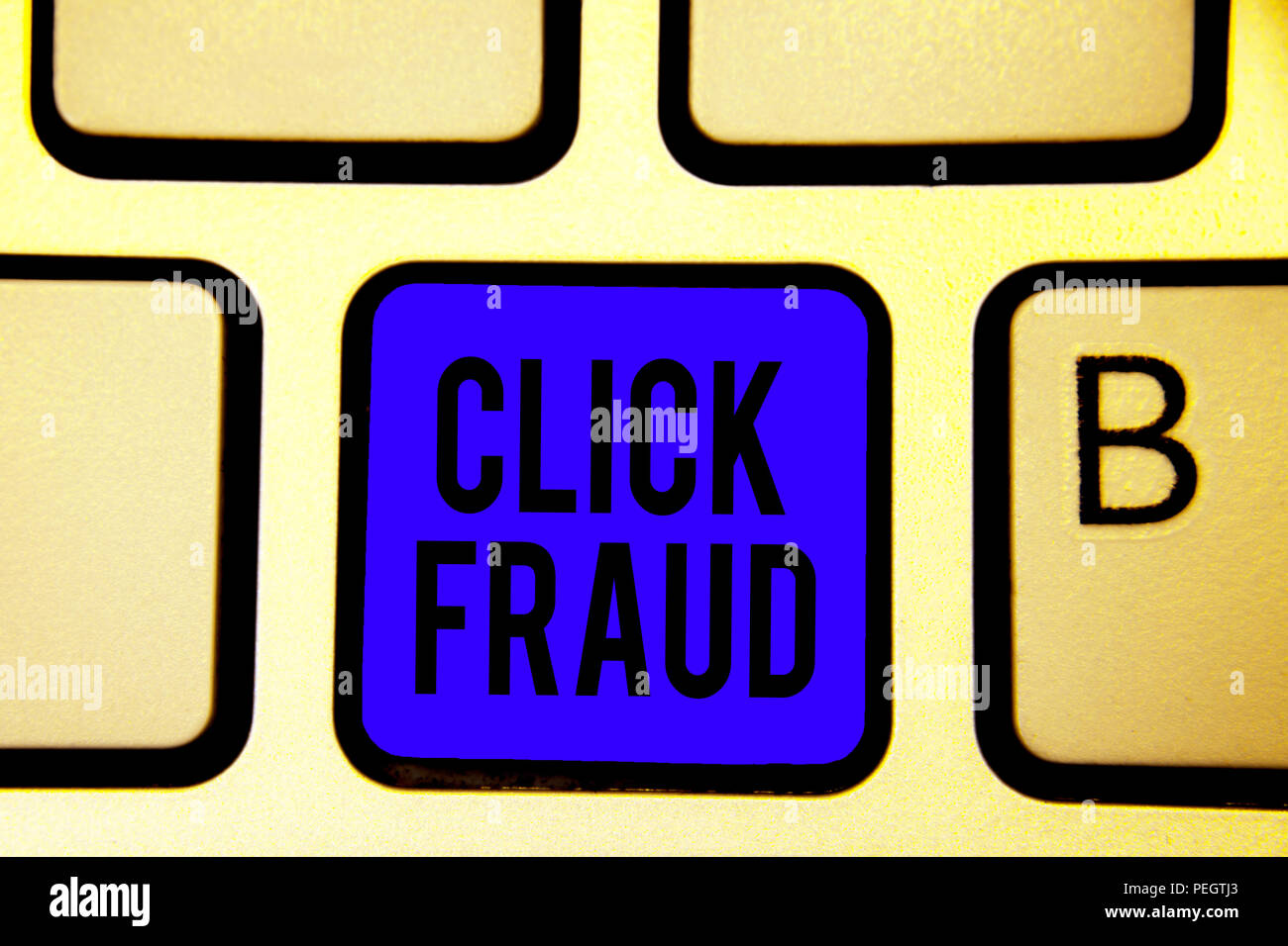 Text sign showing Click Fraud. Conceptual photo practice of repeatedly clicking on advertisement hosted website Keyboard blue key Intention create com Stock Photo