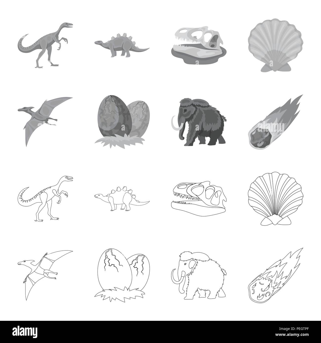 Prehistoric Shell, Dinosaur Eggs,pterodactyl, Mammoth. Dinosaur and  Prehistoric Period Set Collection Icons in Outline Stock Vector -  Illustration of tusks, paleontology: 93544469