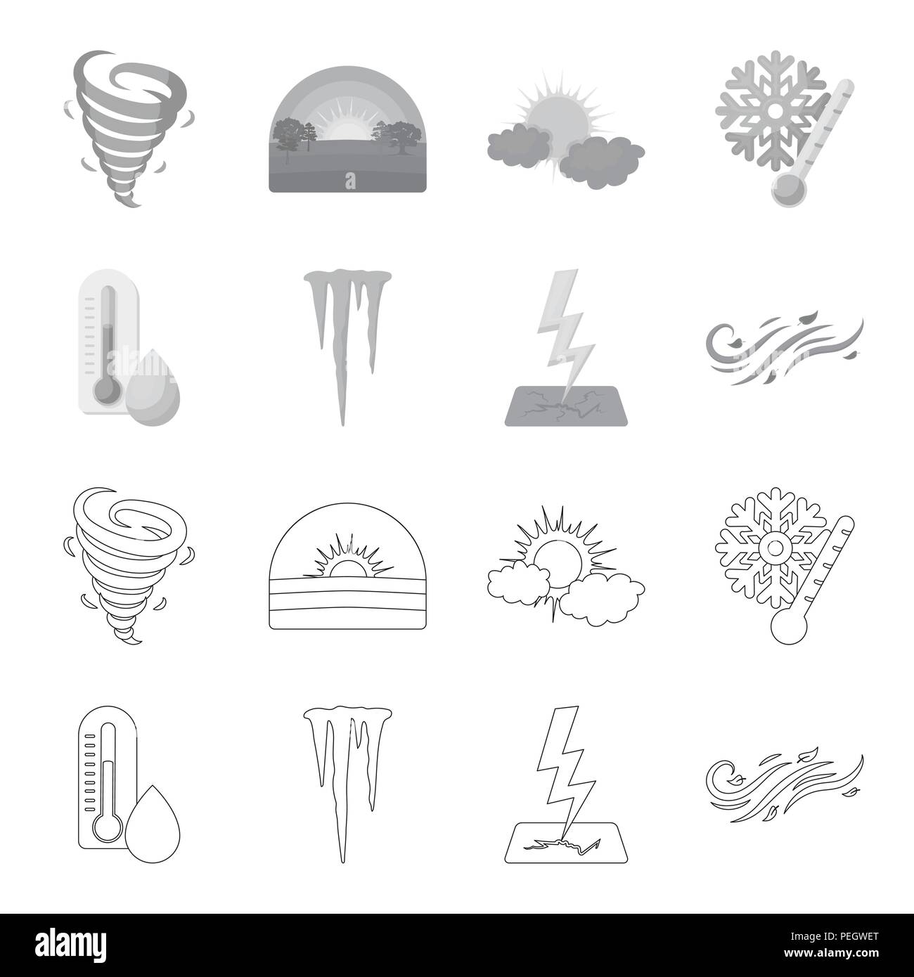 Humidity, icicles, thunderbolt, windy weather. Weather set collection icons in outline