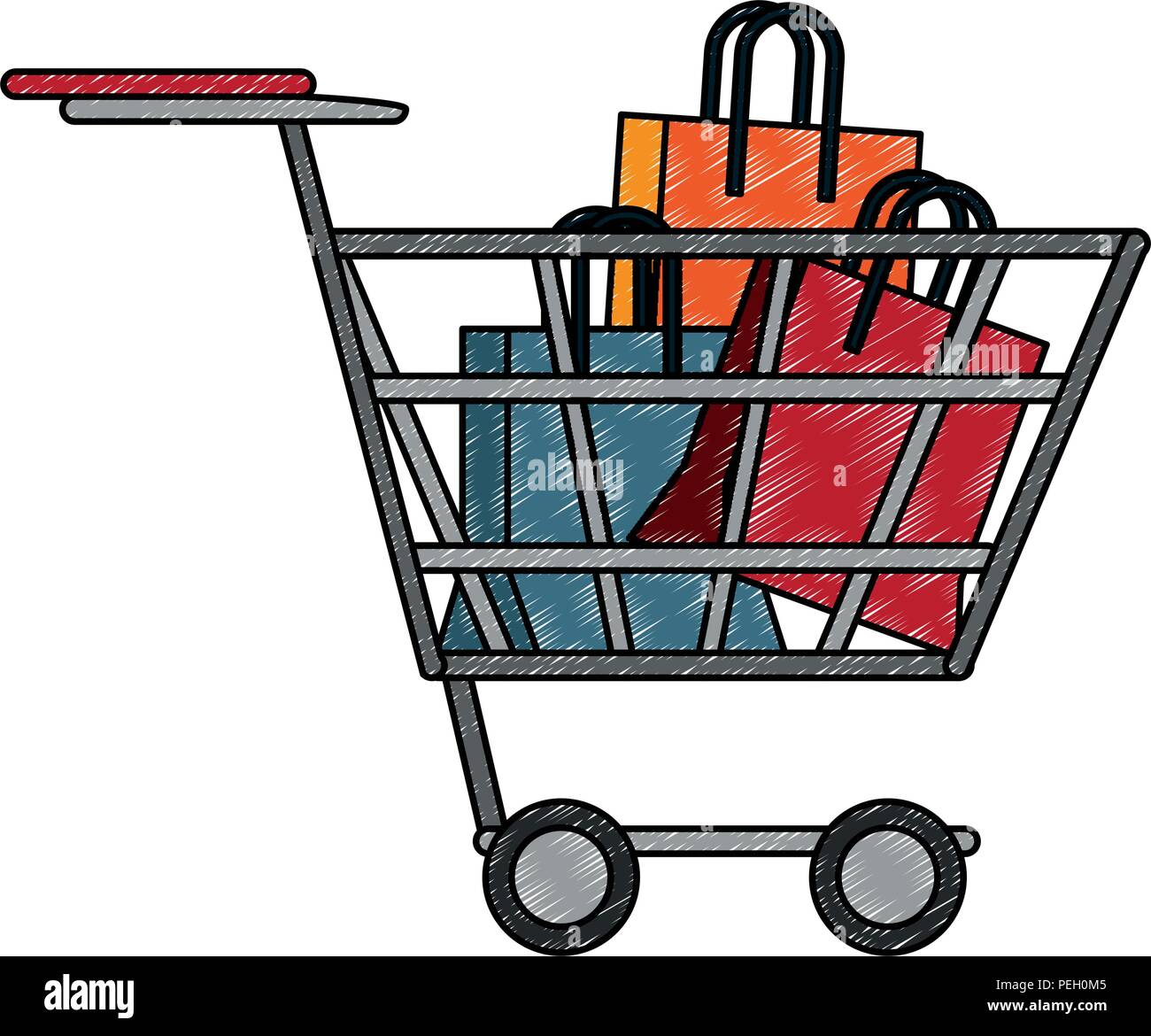 Shopping bags inside cart scribble Stock Vector
