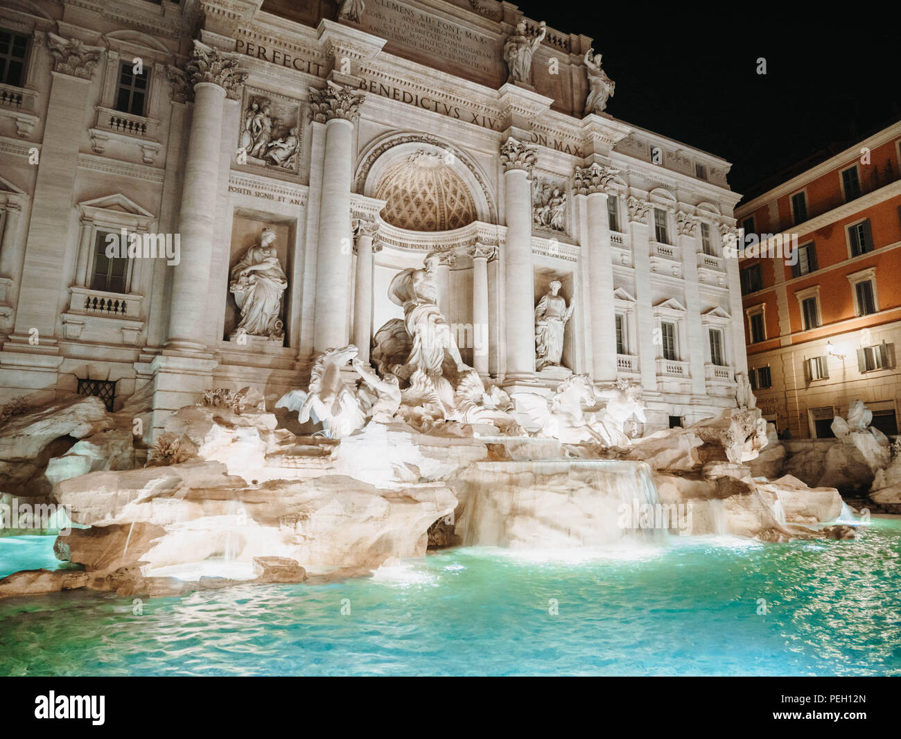 Night at Trevi Fountain with illumination, most famous fountain in Rome, Italy. Stock Photo