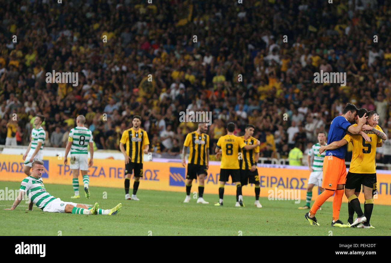 Athens, Greece. 14th Aug, 2018. AEK Athens' players (R) celebrate their  victory over Celtic after the third round of Champions League qualifying  match in Athens, Greece, Aug. 14, 2018. Credit: Marios Lolos/Xinhua/Alamy