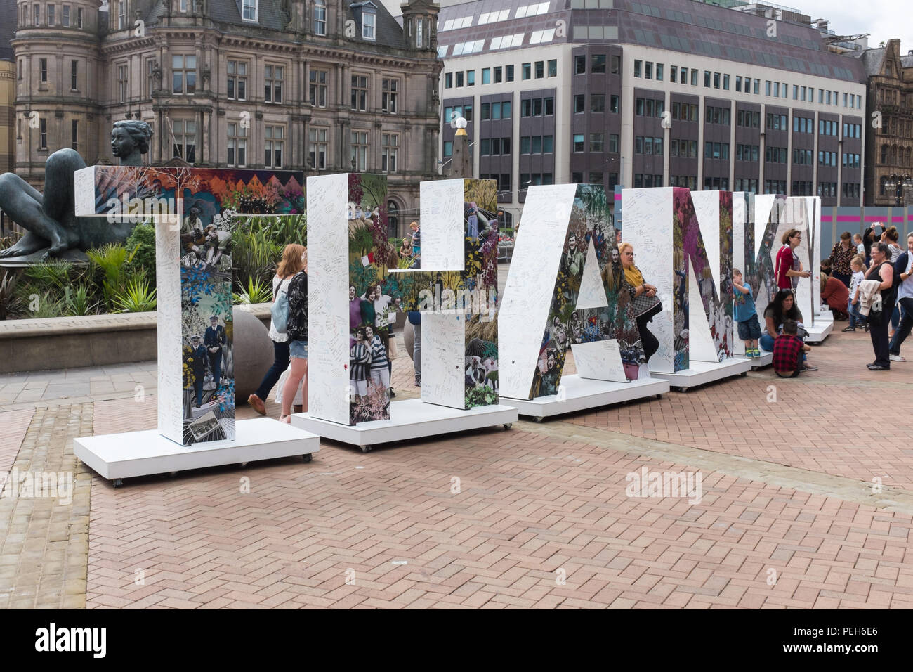 Birmingham, UK 15th August 2018. The Royal British Legion #Thankyou100 installation in Victoria Square allows members of the public to write personal messages of thanks to the WW1 generation.Credit: Nick Maslen/Alamy Live News Stock Photo