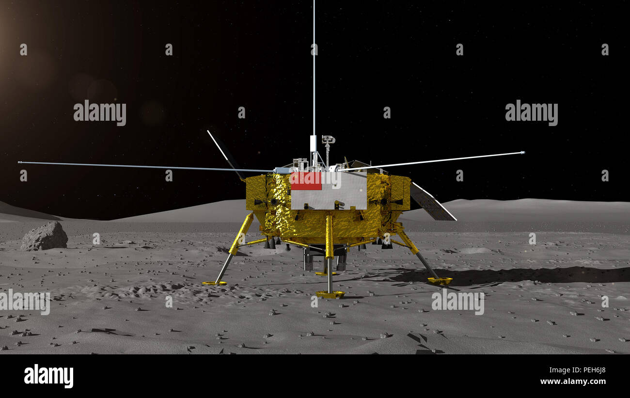 (180816) -- BEIJING, Aug. 15, 2018 (Xinhua) -- Photo provided by State Administration of Science, Technology and Industry for National Defense shows the image of the moon lander for China's Chang'e-4 lunar probe.  China's moon lander and rover for the Chang'e-4 lunar probe, which is expected to land on the far side of the moon this year, was unveiled Wednesday. The global public will have a chance to name the rover. (Xinhua) (mp) Stock Photo