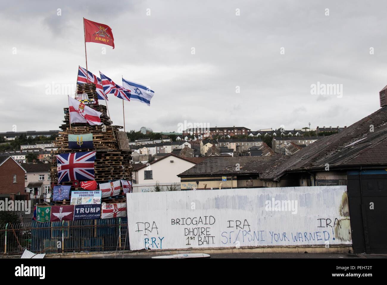 Derry, Northern Ireland. 15th Aug 2018. Illegal bonfire in Derry's