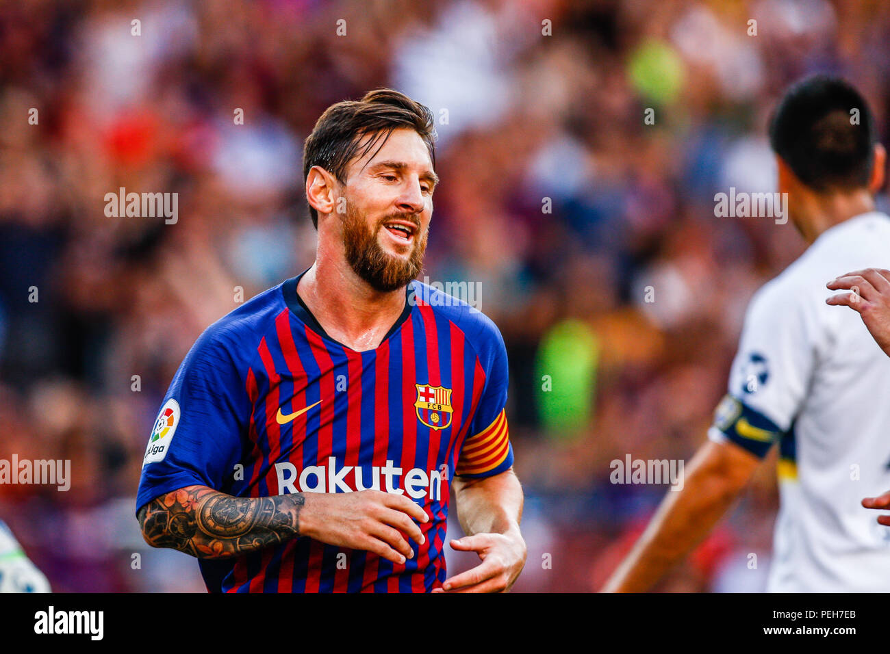 Leo Messi from Argentina celebrating his goal during the Joan Gamper trophy game between FC Barcelona and CA Boca Juniors in Camp Nou Stadium at Barcelona, on 15 of August of 2018, Spain. 15th Aug, 2018. Credit: AFP7/ZUMA Wire/Alamy Live News Stock Photo