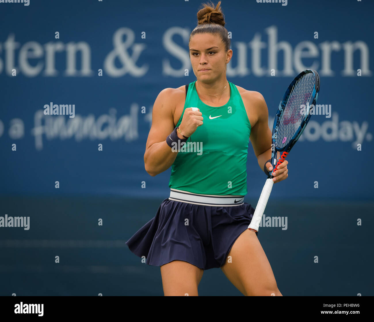Cincinnati, Ohio, USA. 15th Aug, 2018. Maria Sakkari of Greece in action during her second-round match at the 2018 Western and Southern Open WTA Premier 5 tennis tournament
