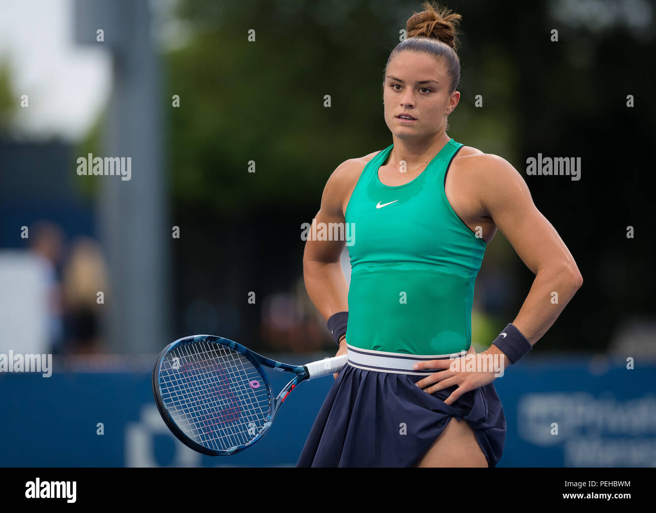 Cincinnati, Ohio, USA. 15th Aug, 2018. Maria Sakkari of Greece in action during her second-round match at the 2018 Western and Southern Open WTA Premier 5 tennis tournament