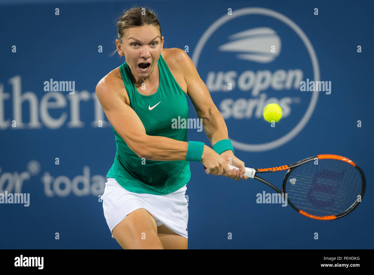 August 15, 2018 - Simona Halep of Romania in action during her second-round  match at the 2018 Western & Southern Open WTA Premier 5 tennis tournament.  Cincinnati, Ohio, USA. August 15th 2018.