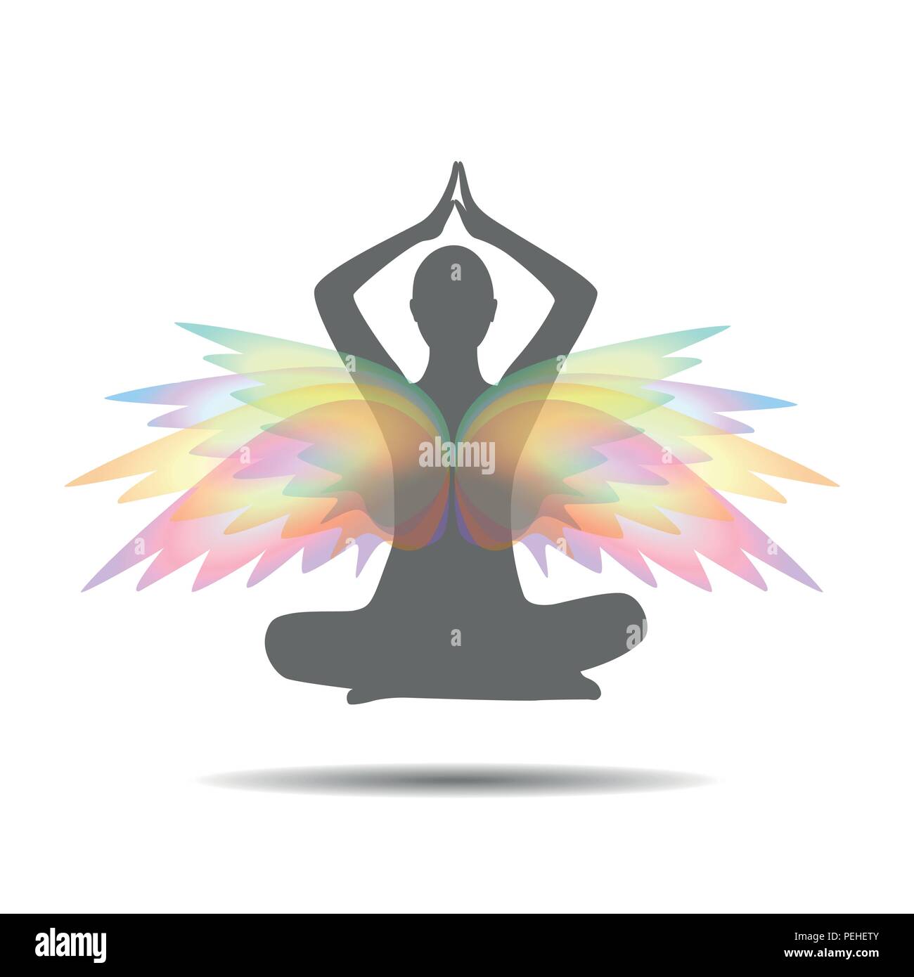 person meditates in a lotus pose with colorful wings vector illustration EPS10 Stock Vector