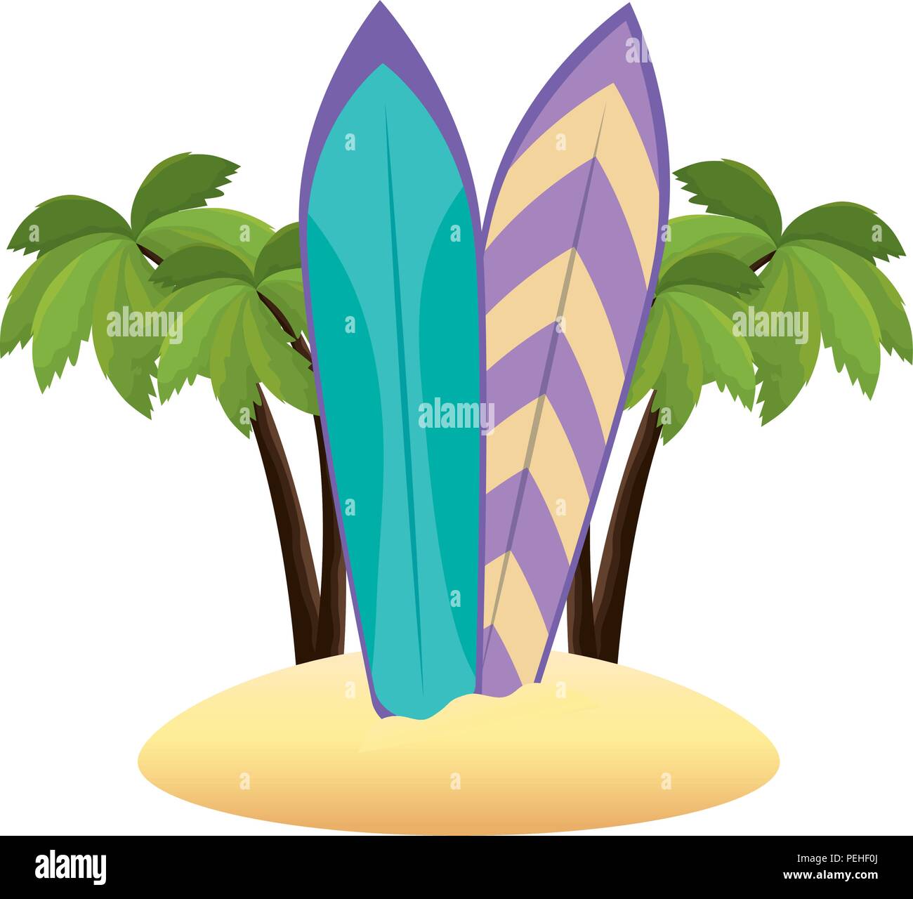 tree palms with surfboards scene Stock Vector