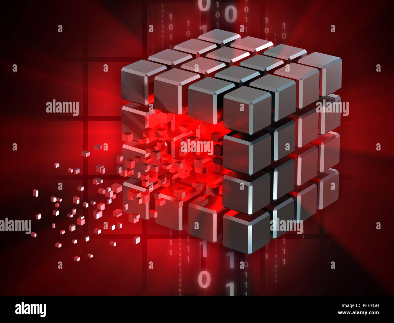 Hacked data cube. 3D illustration. Stock Photo