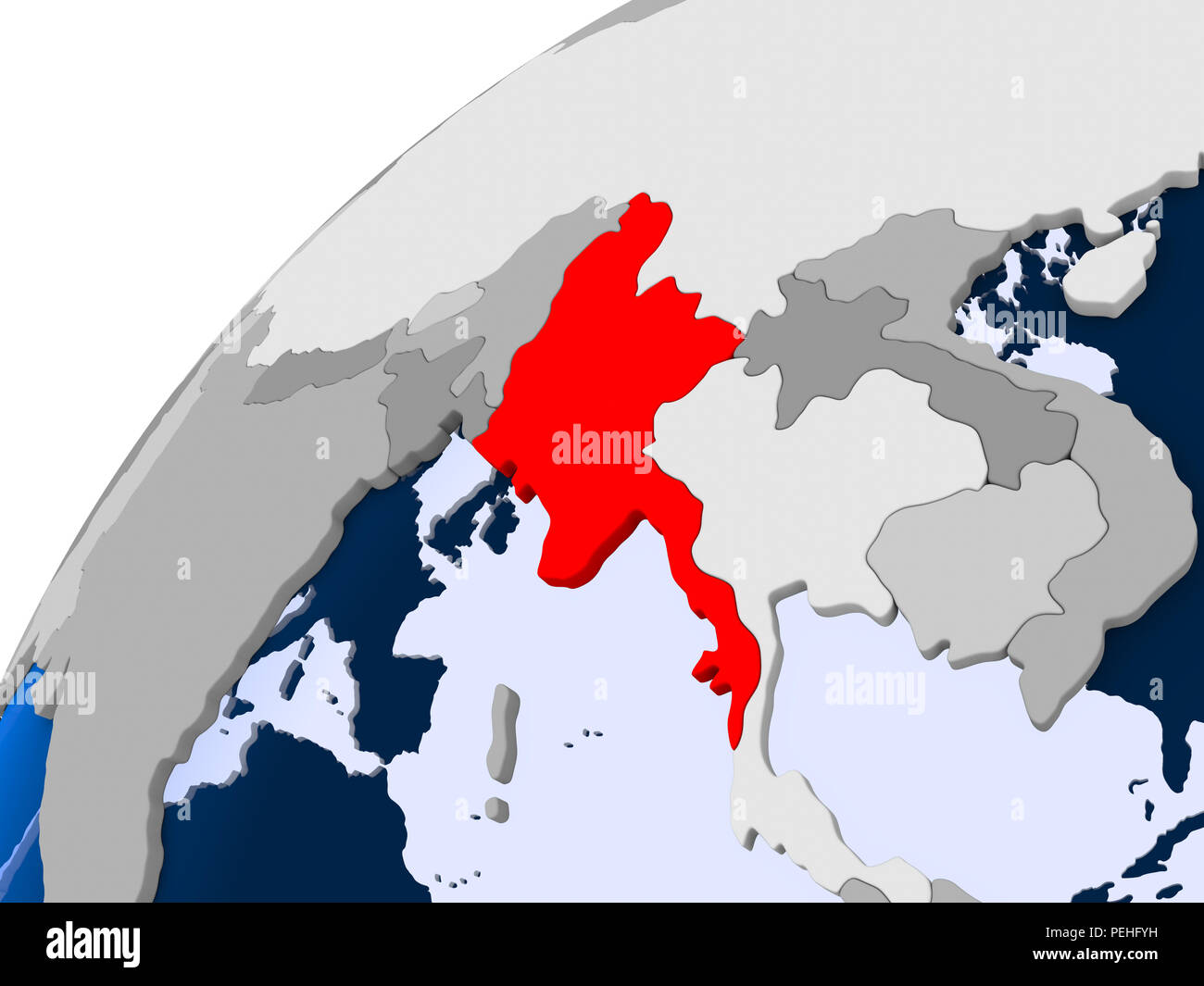 Myanmar on simple political globe with visible country borders and ...