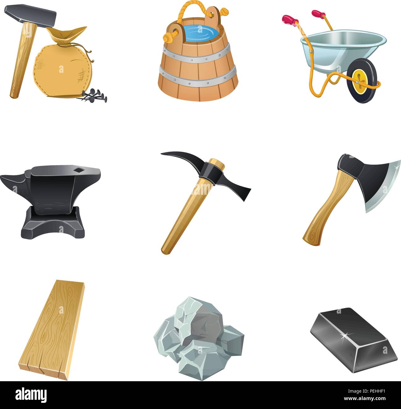 Set of the Game construction assets ax, bucket, wheelbarrow garden