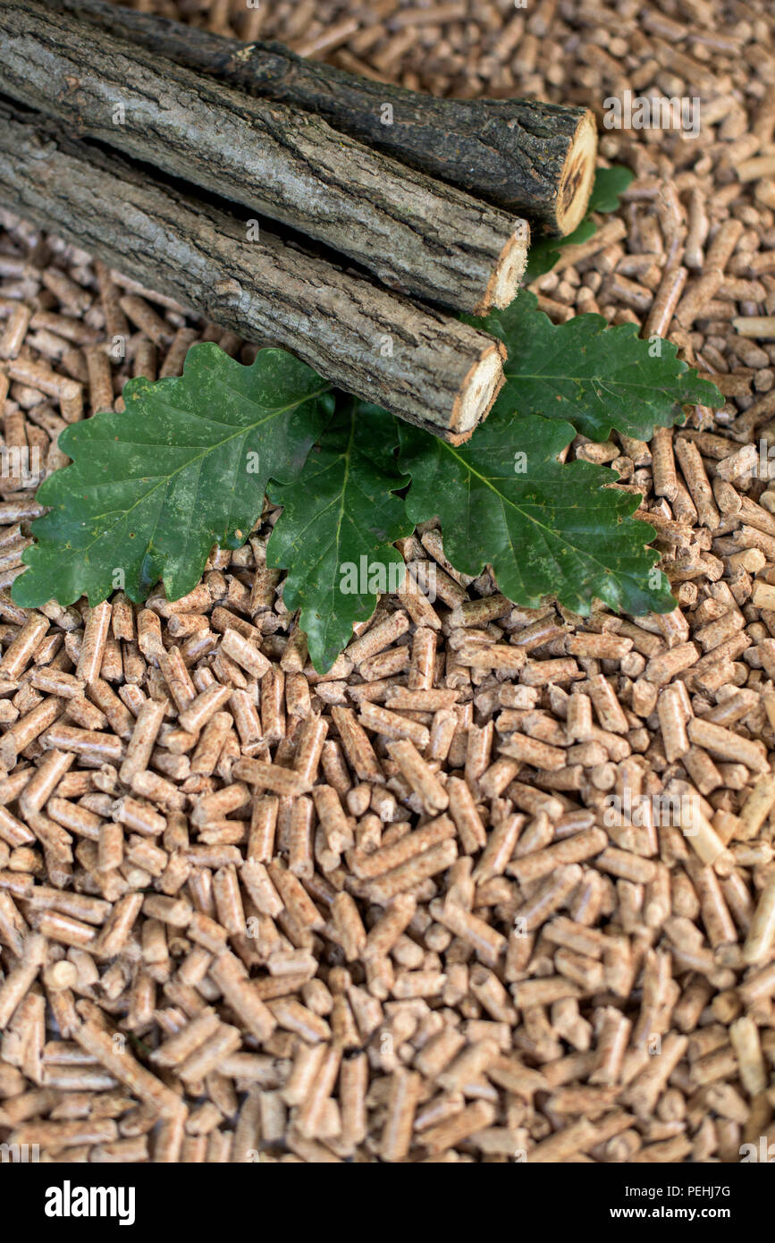 Renewable wooden materials oak wood and pellets Stock Photo Alamy