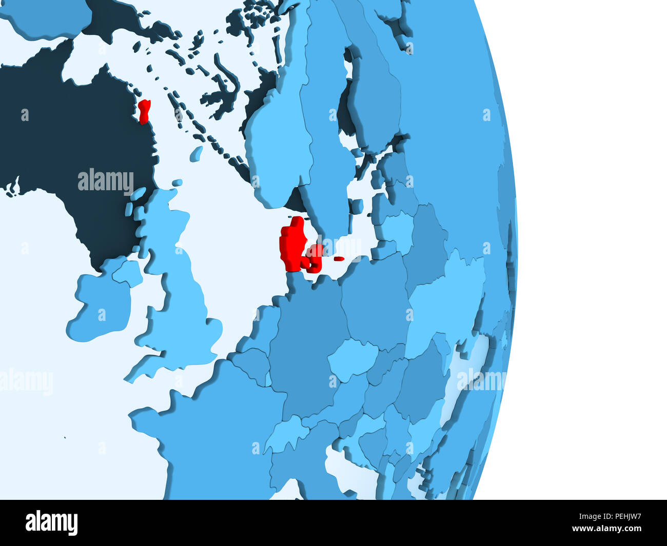 Denmark in red on simple blue political globe with visible country borders and transparent