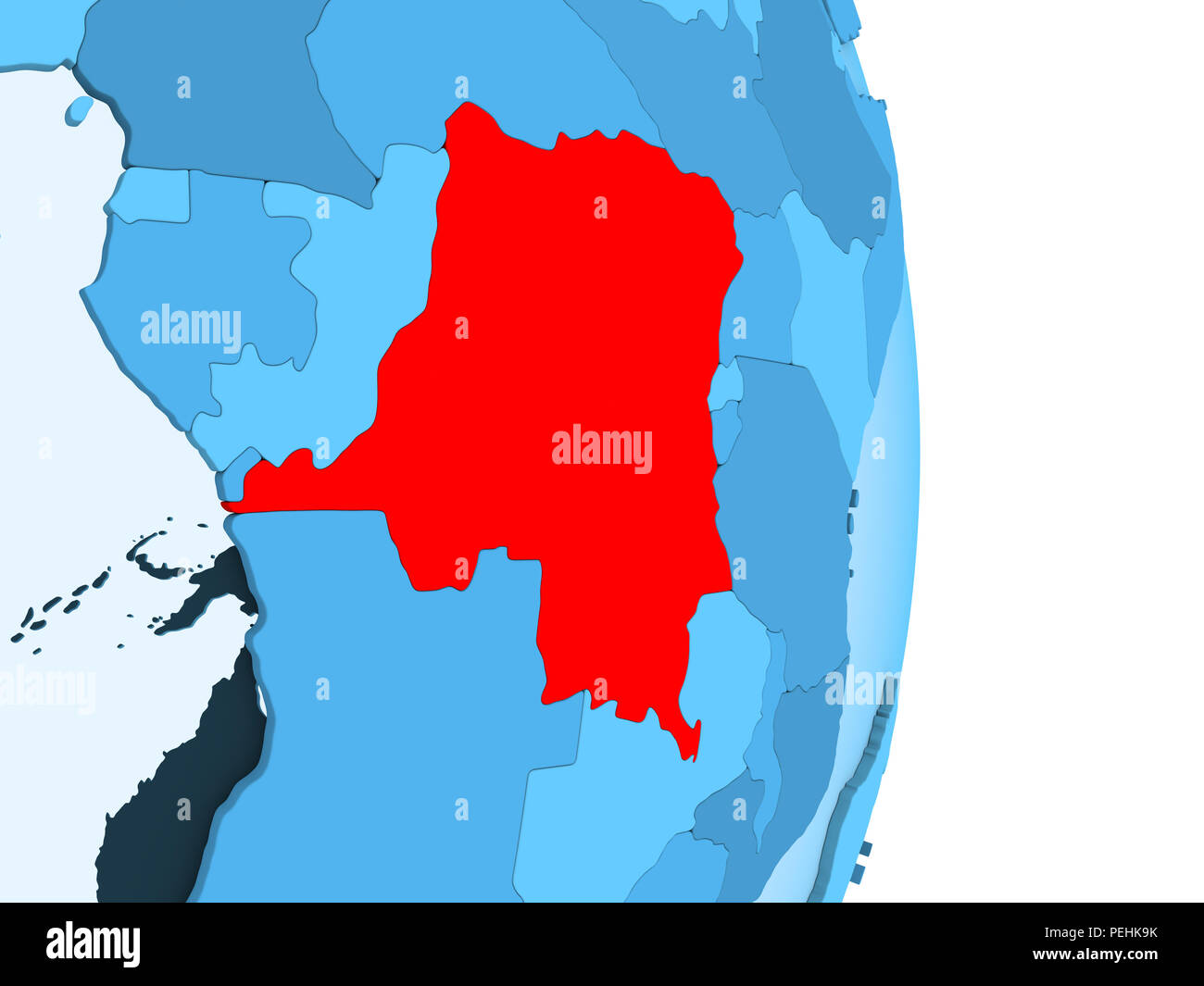 Democratic Republic of Congo in red on simple blue political globe with ...