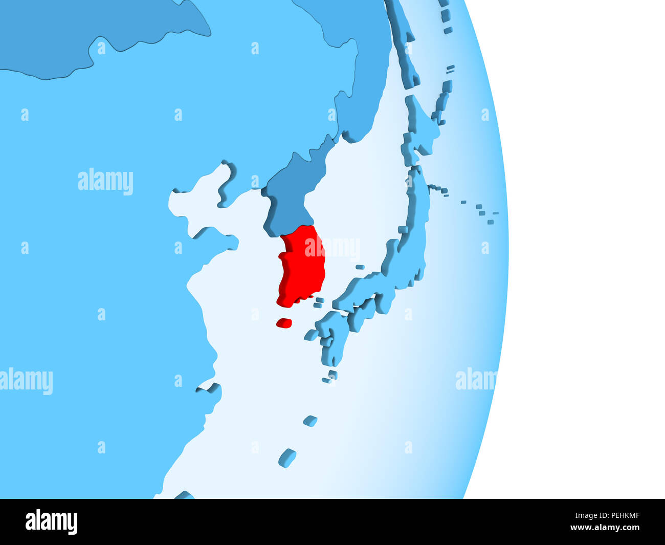 South Korea in red on simple blue political globe with visible country ...