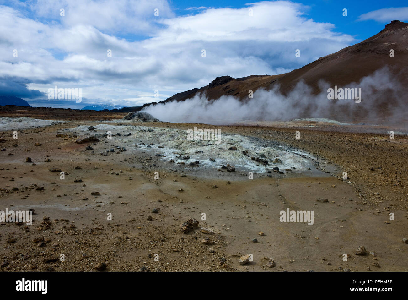Steam drifting in the wind from a fumerole at Hverarond or Namaskard, a volcanic area adjacent to Route 1 near Lake Myvatn, Iceland in summertime Stock Photo