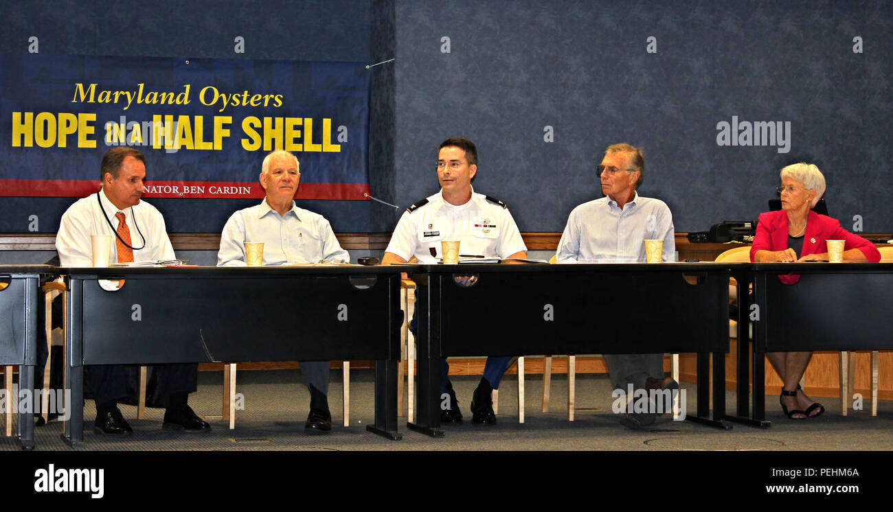 Col. Ed Chamberlayne, U.S. Army Corps of Engineers, Baltimore District commander (center), speaks about processes for obtaining an oyster aquaculture permit during a panel for Sen. Ben Cardin's "Hope in a Half Shell" campaign, held at Horn Point Hatchery in Cambridge, Md., Aug. 25, 2015. Other panel members included, from left, Mark Belton, Maryland Department of Natural Resources secretary; Cardin; Michael Roman, Horn Point Laboratory director; and Sen. Adelaide Eckardt. Horn Point Hatchery is where the Oyster Recovery Partnership gets the baby oysters to place on the reefs the Army Corps con Stock Photo