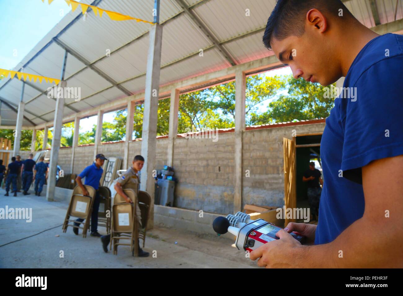 150828 a za034 014 corocito honduras aug 28 2015 hospital corpsman 3rd class cleve webb a native of middlebury conn assigned to naval health clinic quantico va takes a heat stress survey at a medical site established at centro de educacion basica dr jesus aquilar paz during continuing promise 2015 continuing promise is a us southern command sponsored and us naval forces southern commandus 4th fleet conducted deployment to conduct civil military operations including humanitarian civil assistance subject matter expert exchanges medical dental veterinary and engineering s PEHR3F