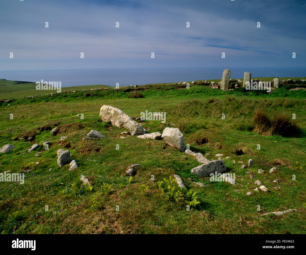 View SSW of the focal grave within an Early Christian monastic enclosure on Beacon Hill, Lundy Island, Devon, UK: 4, C5th-6th inscribed stones rear R. Stock Photo