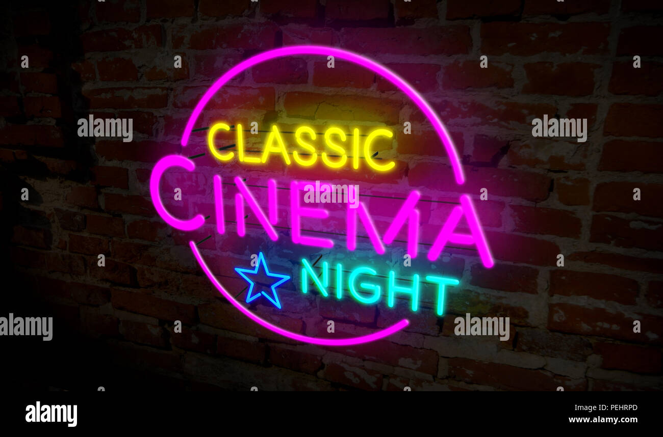 Classic cinema night neon. 3D flight over electric bulb lettering on brick wall background. Entertainment event advertising. Stock Photo