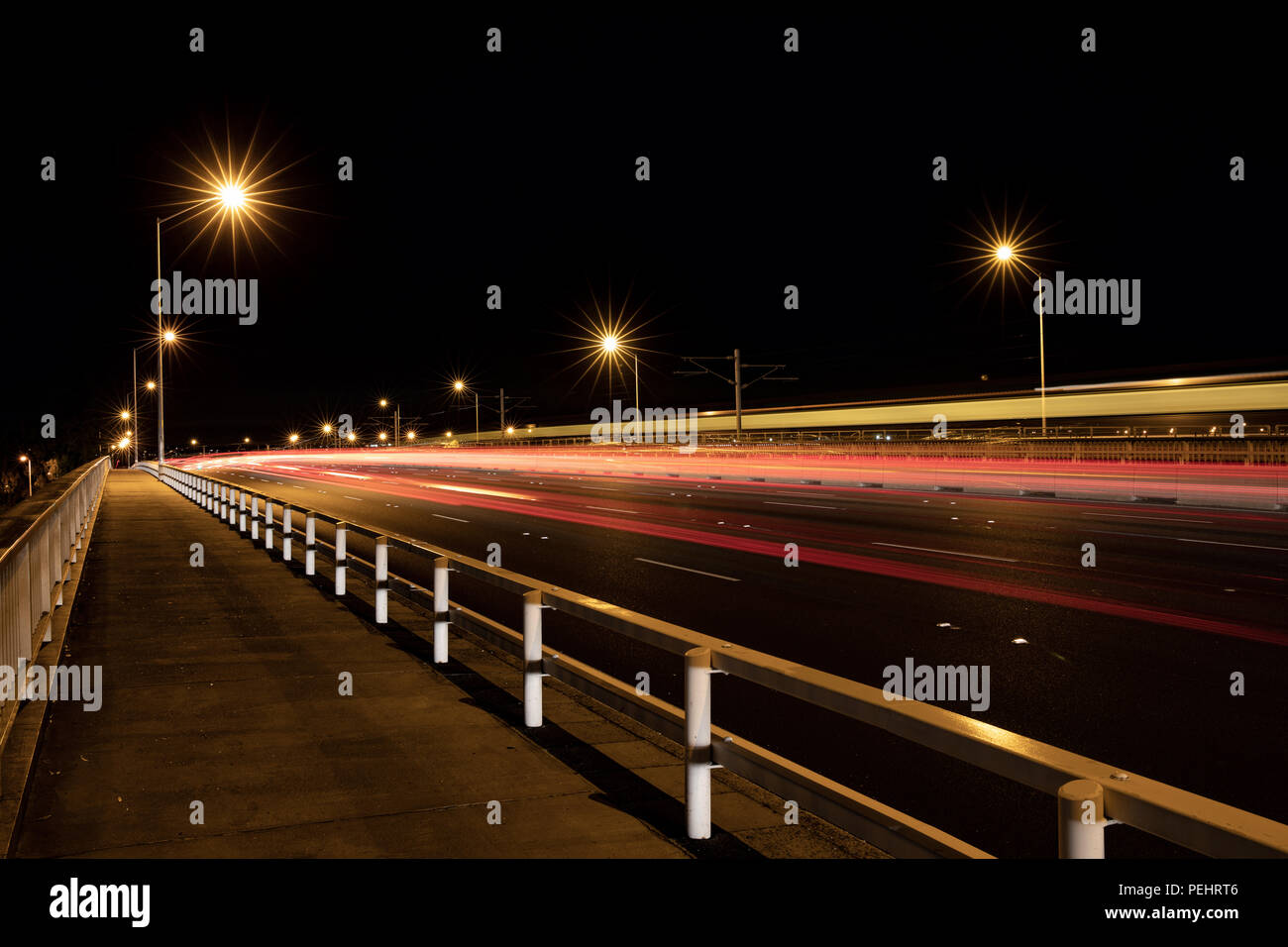Car light trails over the Narrows Bridge in Perth City Stock Photo