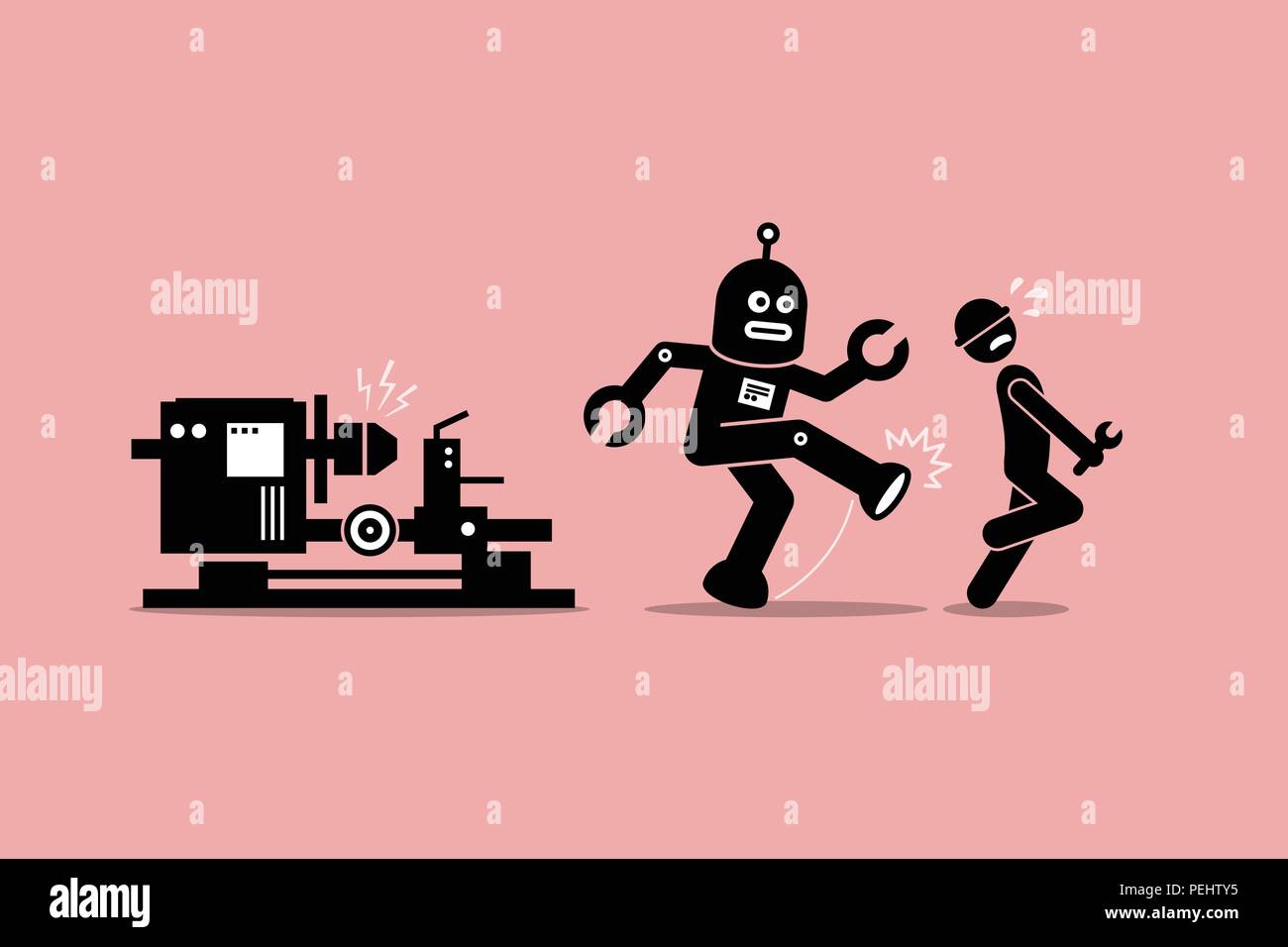 Vector artwork depicts automation, future concept, artificial intelligence, and robot replacing mankind. Stock Vector