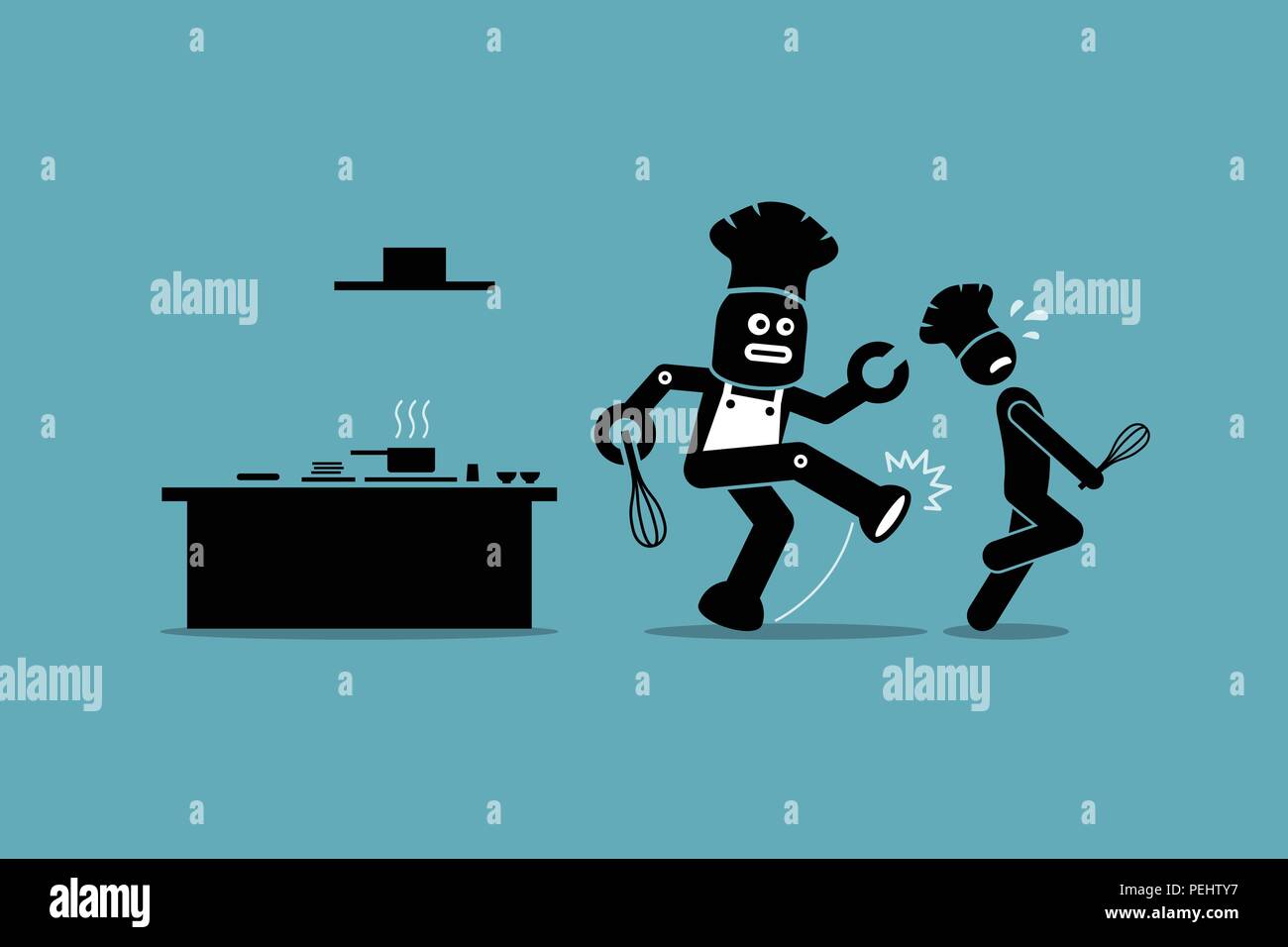 Vector artwork depicts automation, future concept, artificial intelligence, and robot replacing mankind. Stock Vector