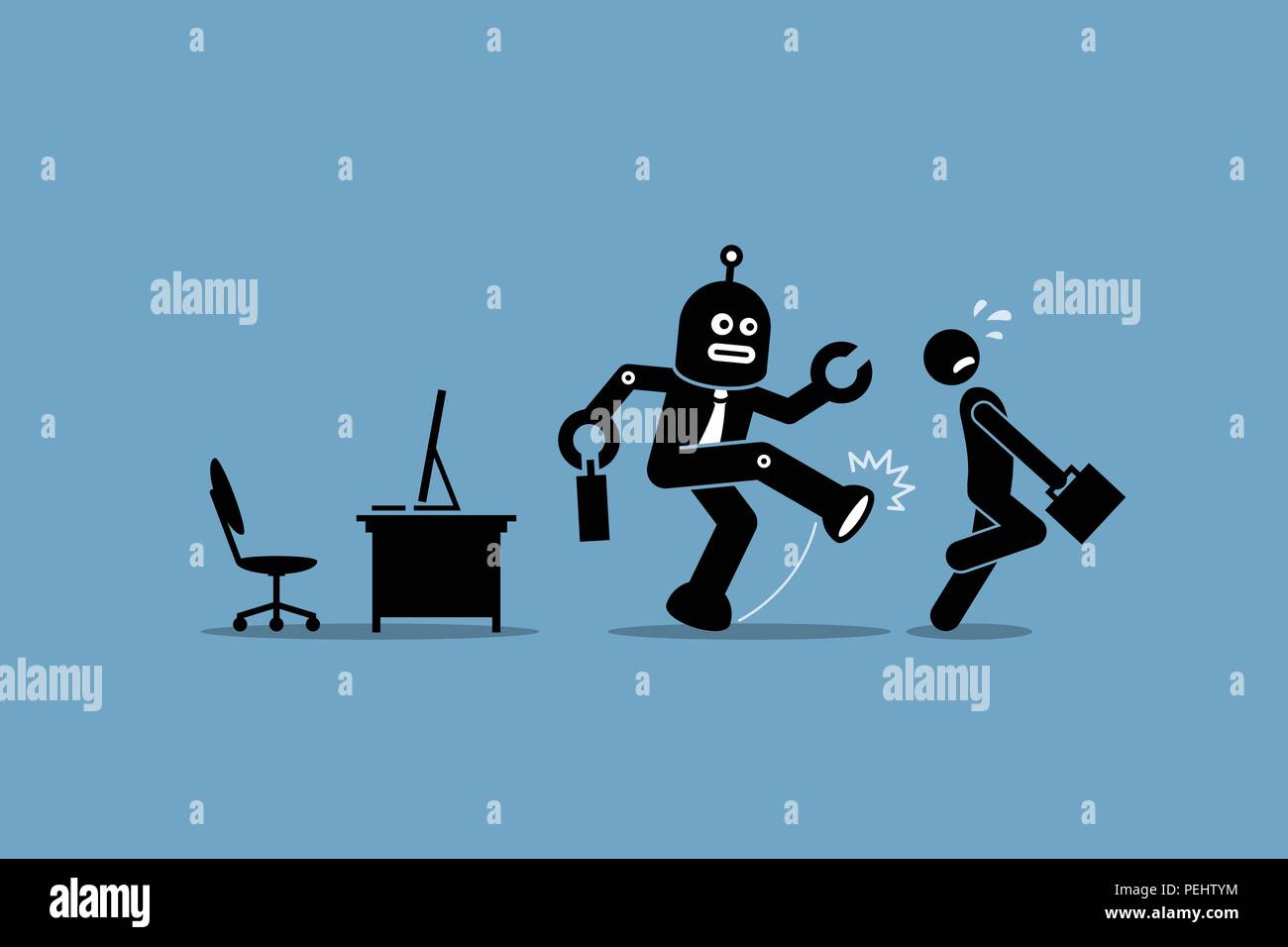 Vector artwork depicts automation, future concept, artificial intelligence, and robot replacing mankind. Stock Vector