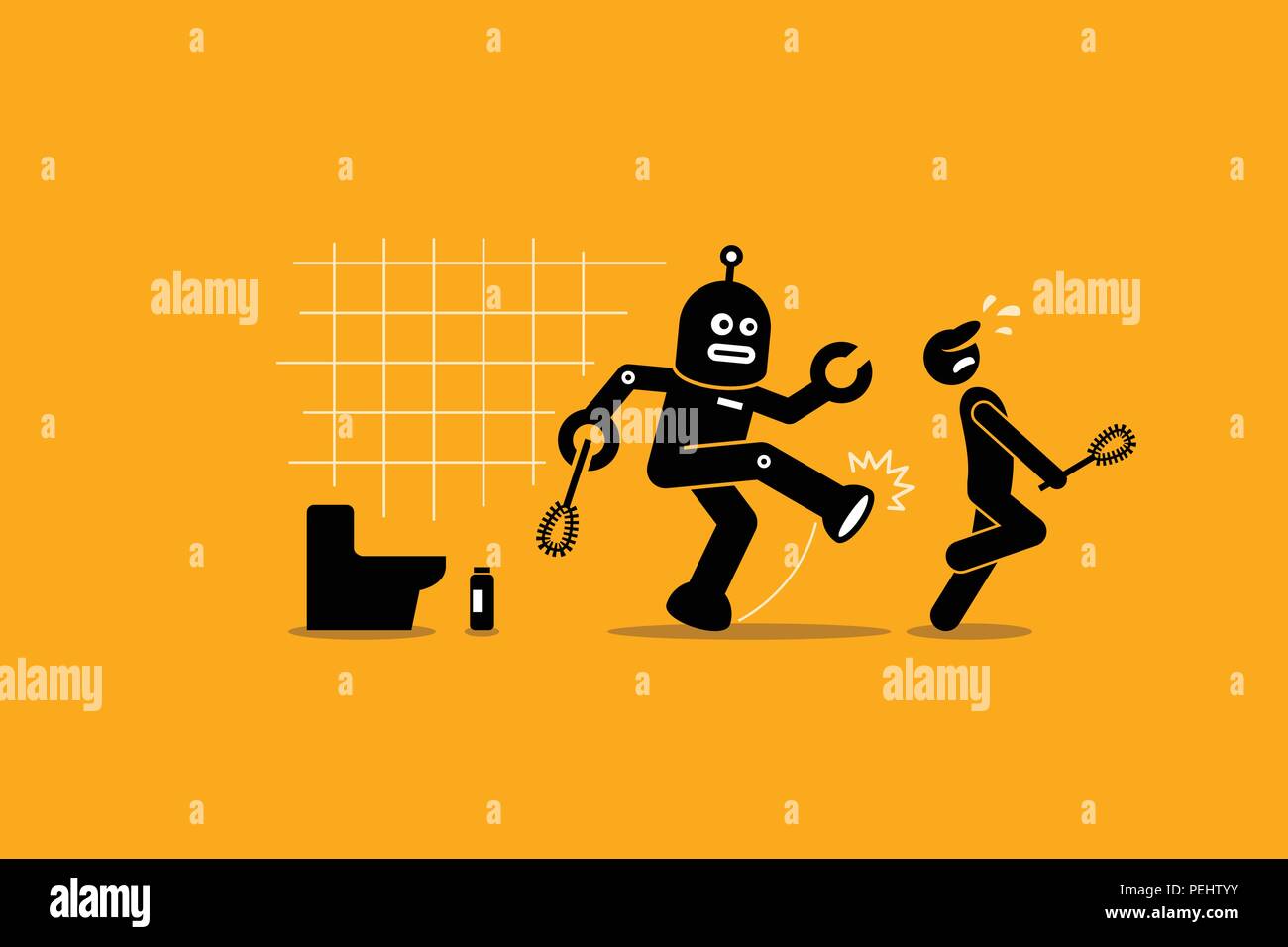 Vector artwork depicts automation, future concept, artificial intelligence, and robot replacing mankind. Stock Vector