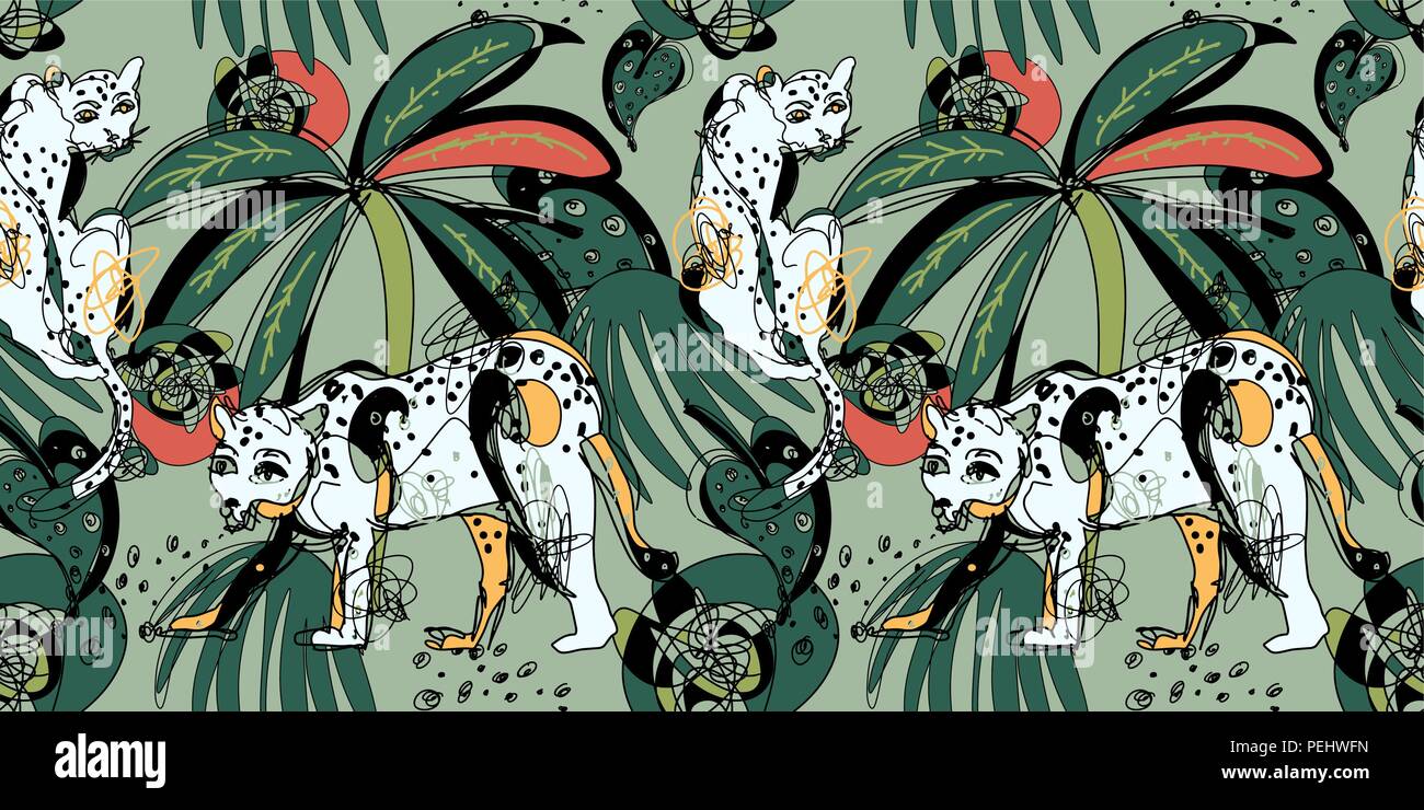 seamless pattern with leopards and tropical leaves Stock Vector