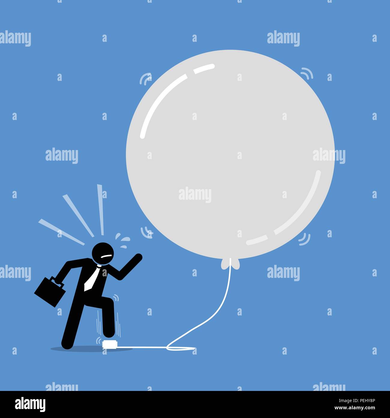 Vector artwork depicts a happy businessman keep inflating a bubble balloon to make it bigger and bigger. The balloon is about to burst Stock Vector