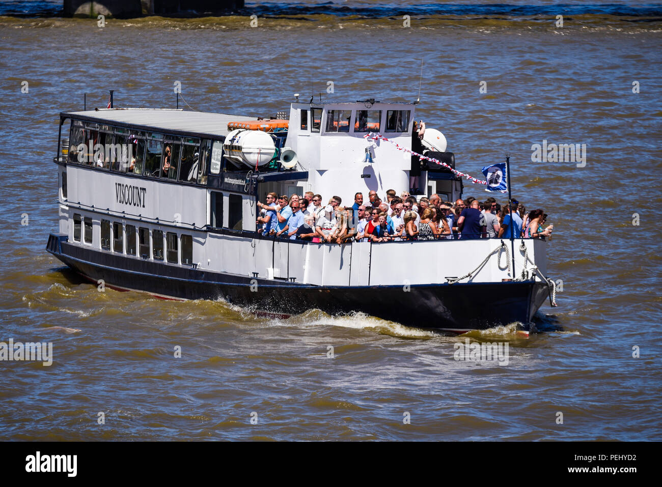 MV Viscount. Thames Party Boats Ltd. River Thames boat traffic. Packed pleasure trip vessel. Motor Vessel Viscount, used in WWII Dunkirk evacuation Stock Photo