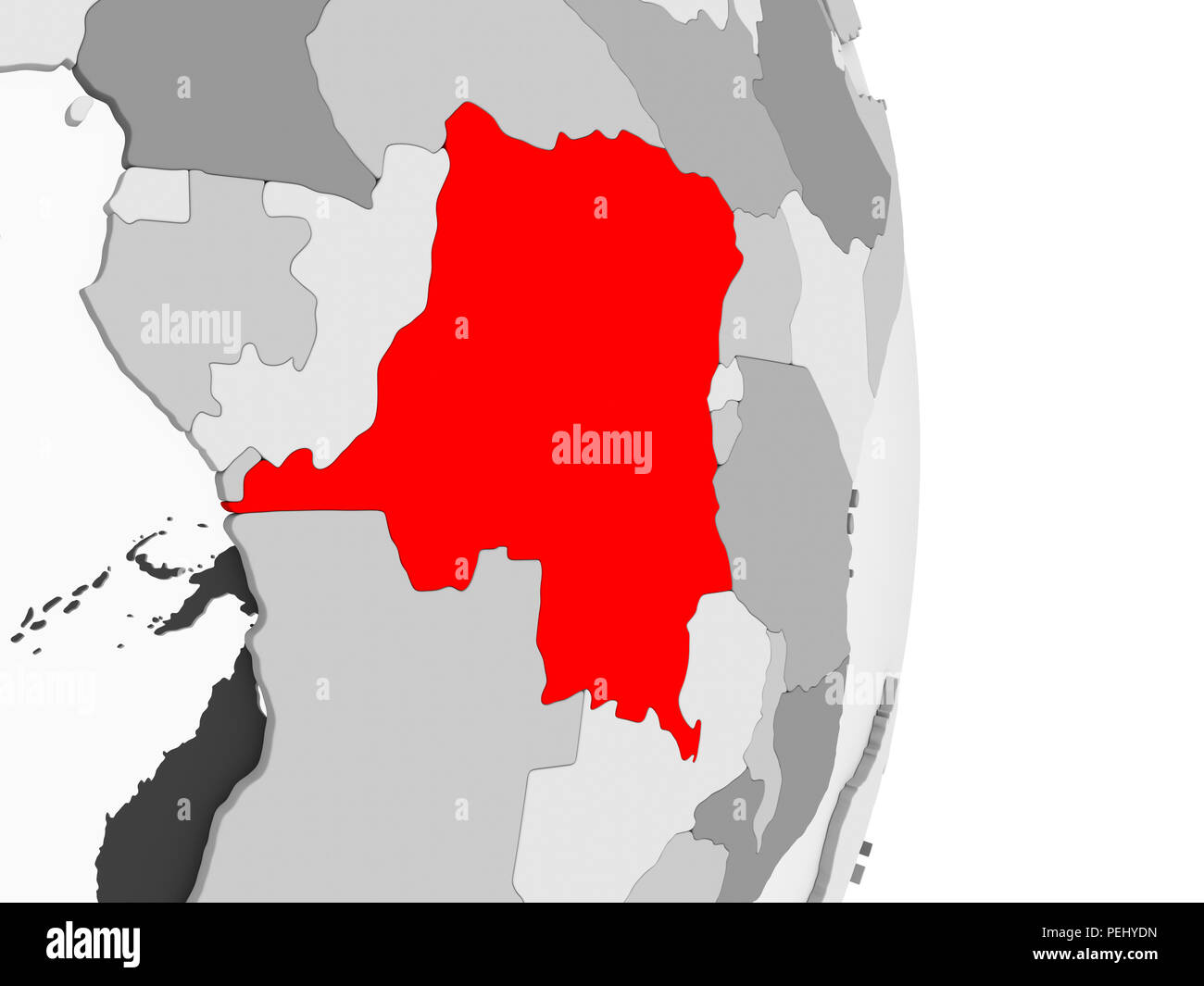 Democratic Republic of Congo highlighted in red on grey political globe ...