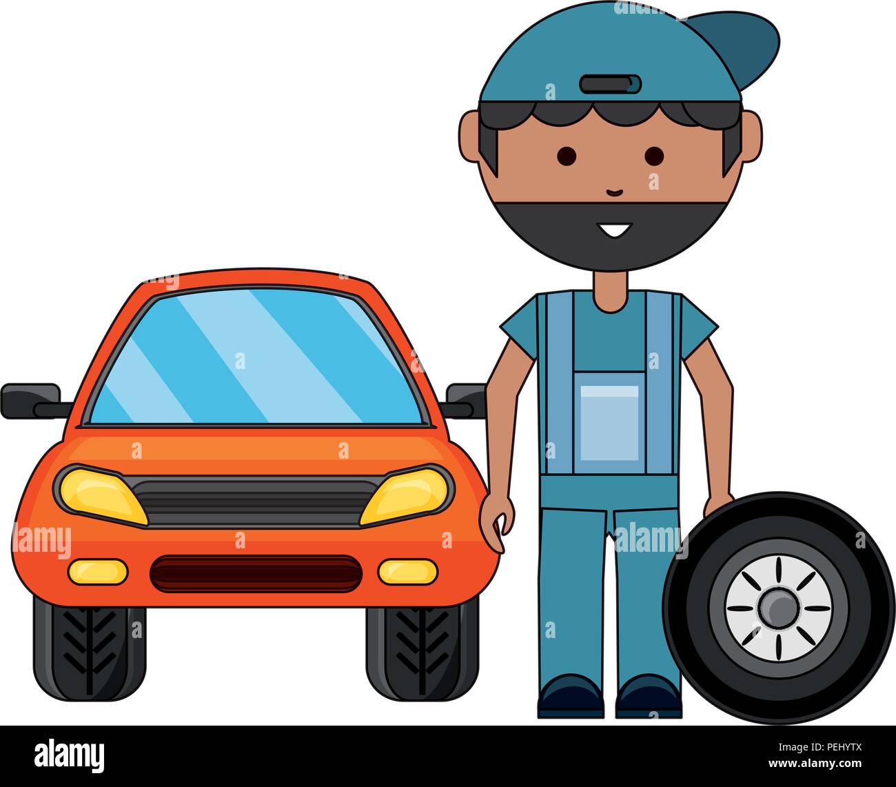 cartoon mechanic with car wheel and car over white background, vector  illustration Stock Vector Image & Art - Alamy
