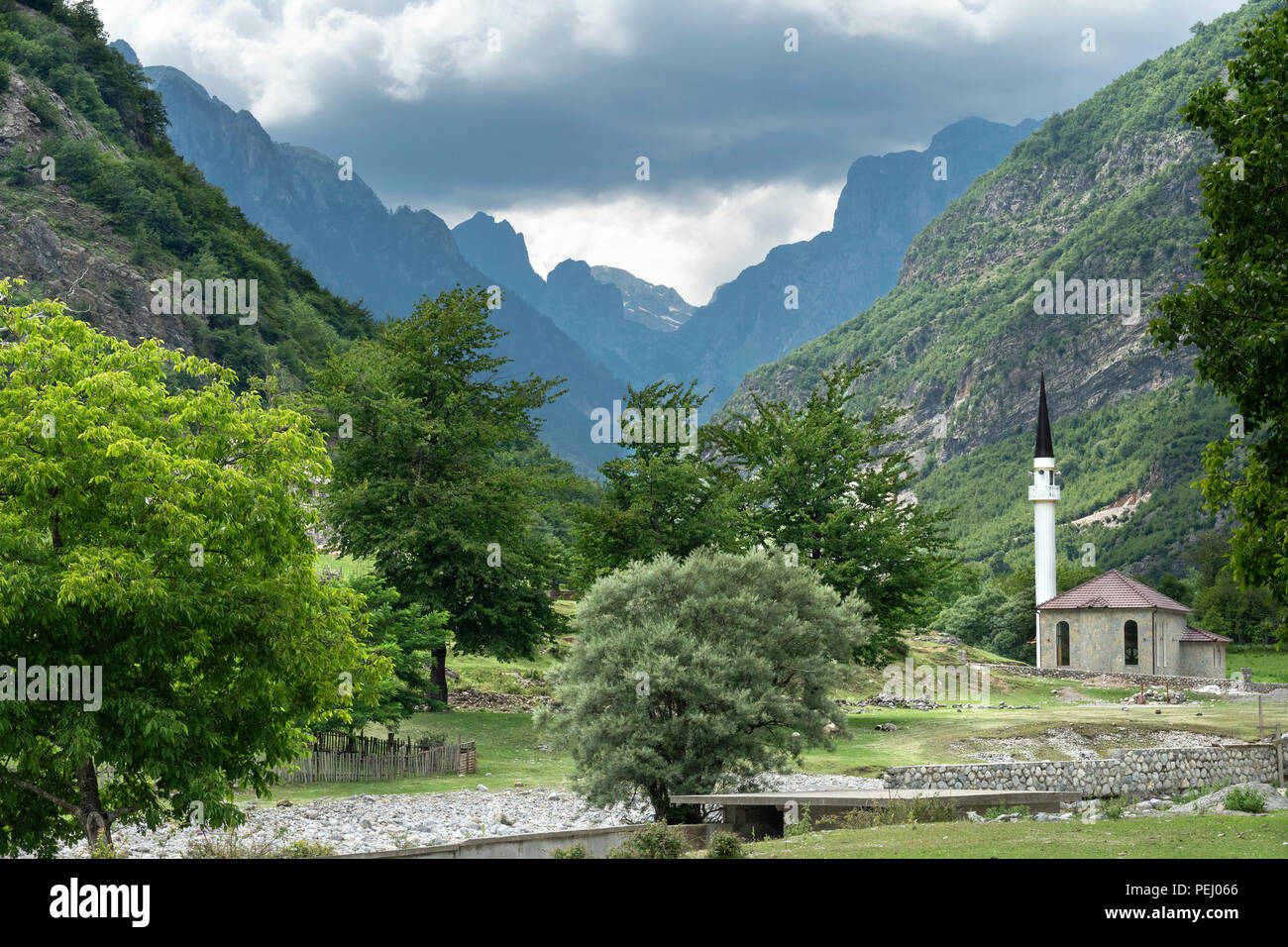 A village mosque at Dragobi in the Valbona River Valley, part of the Valbona National Park,  in North eastern Albania, Stock Photo