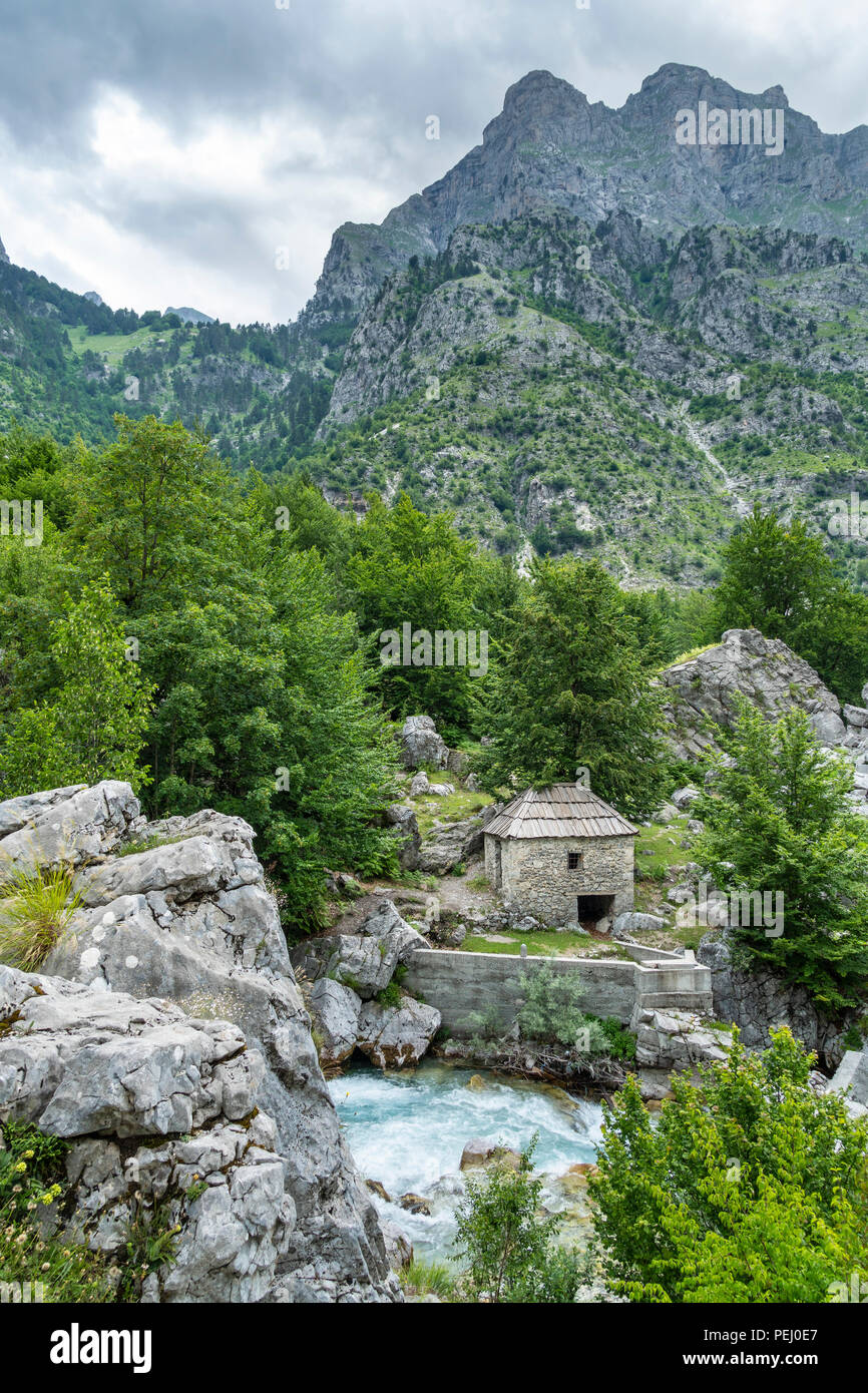 A water mill in The Valbona River Valley, part of the Valbona National Park,  in North eastern Albania, Stock Photo