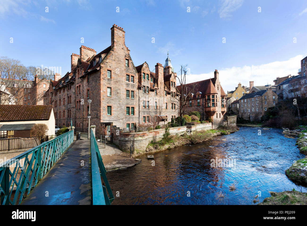 Historic houses along Leith river in Dean village in Edinburg Stock
