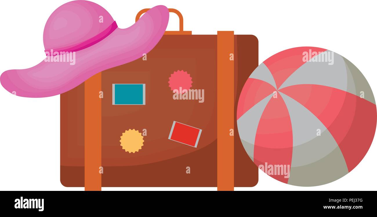 travel suitcase with beach hat and ball over white background, vector ...