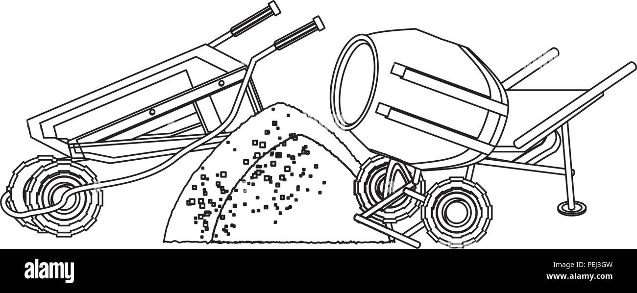 concrete mixer and wheelbarrow icon over white background, vector ...