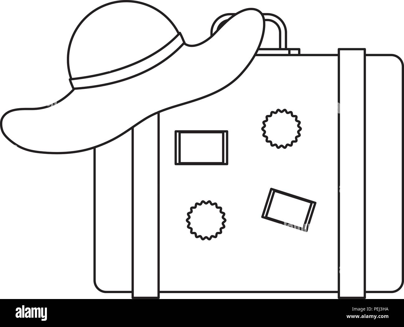 travel suitcase and beach hat over white background, vector illustration Stock Vector