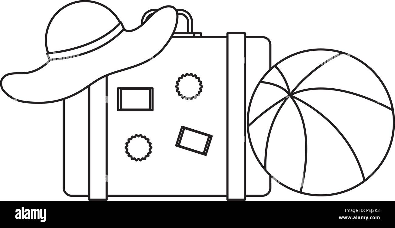travel suitcase with beach hat and ball over white background, vector ...